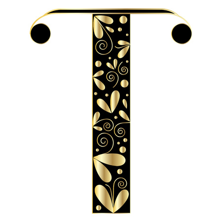 Decorative letter shape. Font type T. Black and gold colorsのイラスト素材