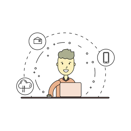Vector illustration of male avatar in flat line style. Linear cute and happy man with laptop. Graphic design concept of social networking in Web Project and Applications Outline isolated objectのイラスト素材