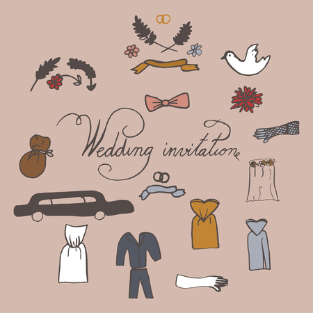 Hand drawn doodle Wedding day collection Vector illustration Sketchy Marriage icons. Set of icons for Engagement, get married, love and romantic event Brideのイラスト素材