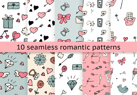 Love symbols Seamless pattern collection. Hand drawn doodles Vector illustration. Can be used for scrapbooking, fashion, cards for wedding, Valentine s day and other romantic occasion.のイラスト素材