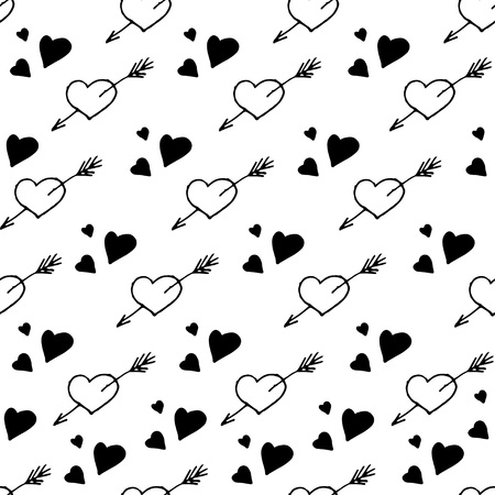 Vector seamless pattern. Simple repeating texture with outline doodle hearts. Stylish hipster texture.のイラスト素材