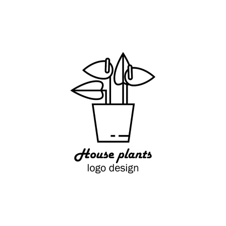 Vector illustration of an house flower in pot, flower shop logo design, home plant logo, flower icon outline.のイラスト素材