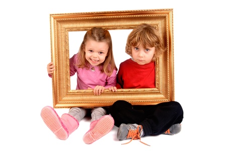boy and girl with frameの写真素材