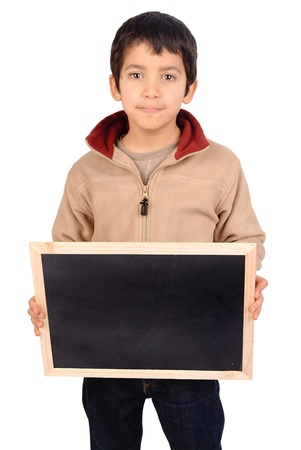 little boy holding a blackboardの写真素材