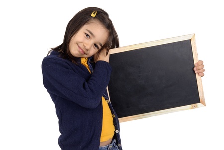 little girl holding a blackboard