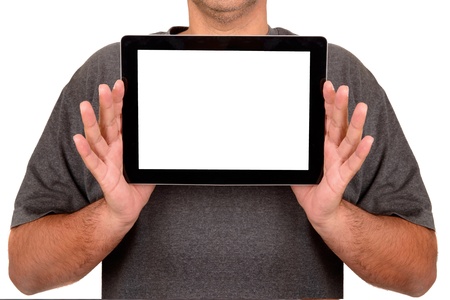 man using touchscreen isolated in white