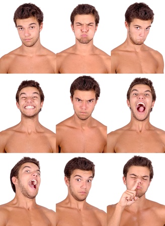 teenage boy doing facial expressions isolated in whiteの写真素材