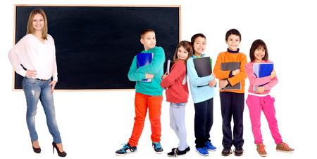 little girls isolated in white with big pencilの写真素材