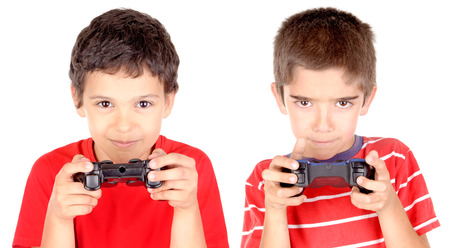 little boy playing videogames isolated in white