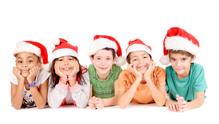 little kids with christmas hat isolated in white backgroundの写真素材