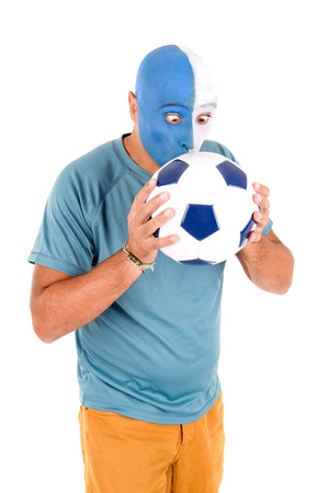 sports man fan with face painted isolated in whiteの写真素材