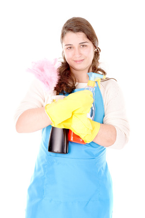 cleaning lady isolated in white backgroundの写真素材