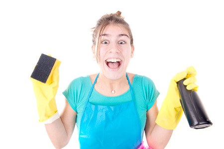 young cleaning lady isolated in whiteの写真素材