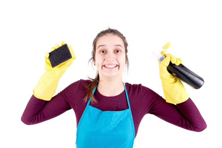 young cleaning lady isolated in white