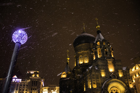 A snowy night beside St.Sofia Churchのeditorial素材