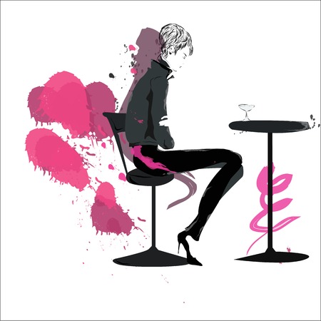 fashion girls sits at a little table in cafeのイラスト素材