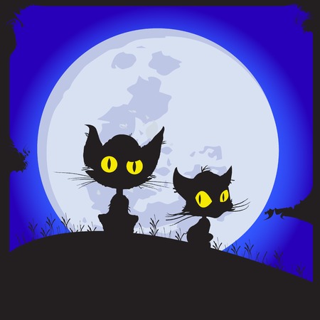 Cats sit on a glade. Behind the moon shines. Night.のイラスト素材