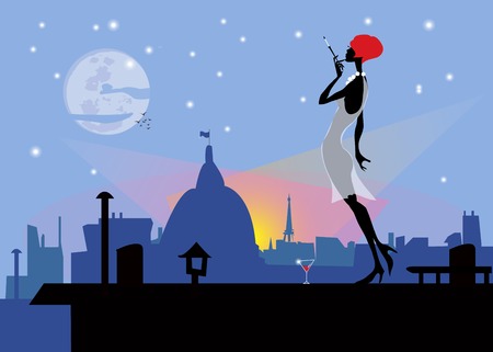 the modern girl on a roof with a cigaretteのイラスト素材