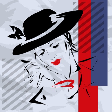 The woman in a retro style on a white background, blue and red strips, a thoughtful airのイラスト素材