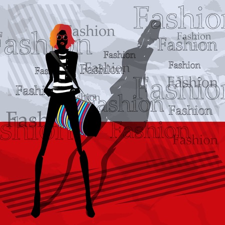 The fashionable girl with a bag on a red backgroundのイラスト素材