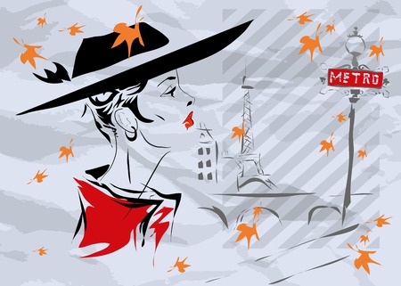 The fashionable girl in Paris, fall in Parisのイラスト素材