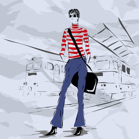 The woman costs on the platform, expectation of the train, travelのイラスト素材