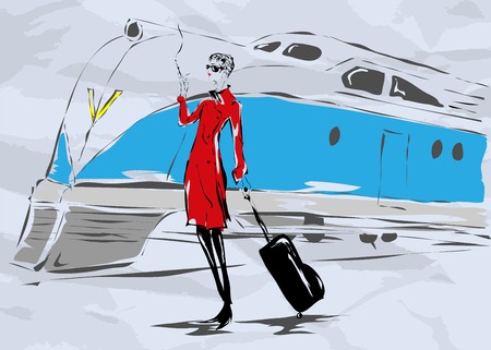 The woman in a red coat with a cigarette goes on a platformのイラスト素材