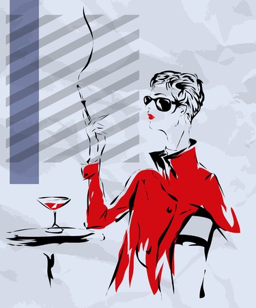The girl in a red coat sits at a little table of cafe and smokes a cigaretteのイラスト素材