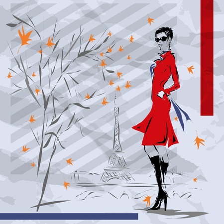 The girl in a red coat, fall, Parisのイラスト素材
