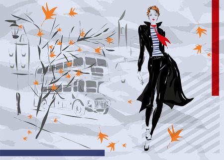 The fashionable woman goes down the street, fall, autumn, Londonのイラスト素材