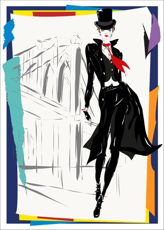 The fashionable woman goes down the street, fall, the autumn, New York cityのイラスト素材