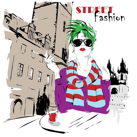 Fashion girl in sketch-style illustration.のイラスト素材