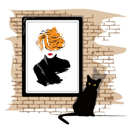 The girl\'s portrait on a wall and a black cat. Vector illustration.のイラスト素材