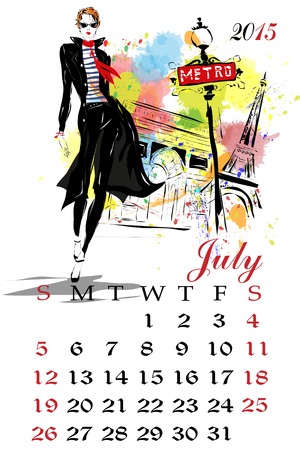 Calendar with fashion girl. Sketch-girl illustrationのイラスト素材