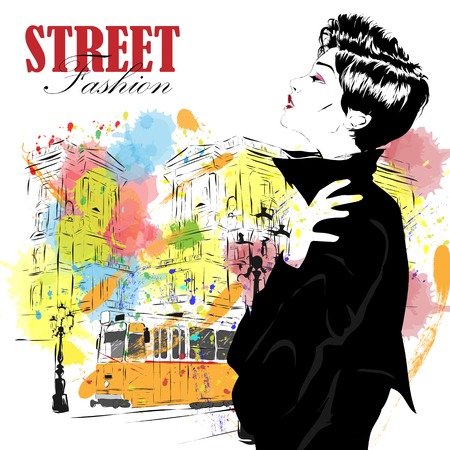 Fashion girl in sketch-style. Vector illustration.のイラスト素材