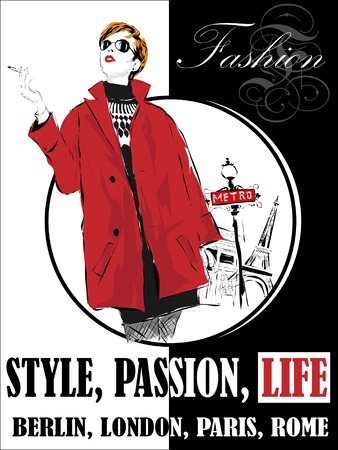 Fashion girl in sketch-style. Vector illustration.のイラスト素材