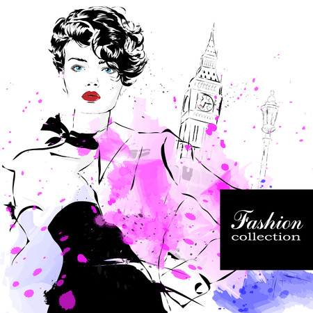Fashion girl in sketch-style. Vector illustration.のイラスト素材