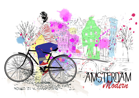 Fashion girl in sketch-style. Vector illustration. The girl goes by bicycleのイラスト素材