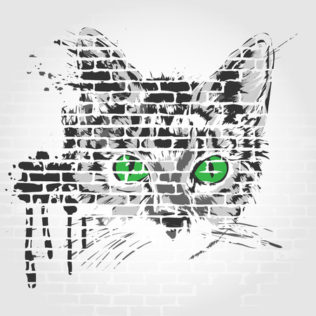 Gray cat with green eyes on a gray backgroundのイラスト素材