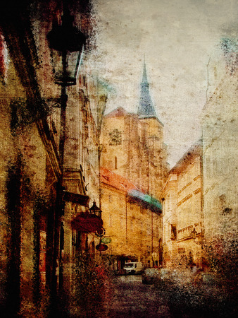 Vintage retro effect textured panoramic image of Prague. Grunge illustrationの写真素材