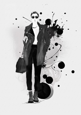 Fashion girl in sketch-style. Grunge illustration.の写真素材