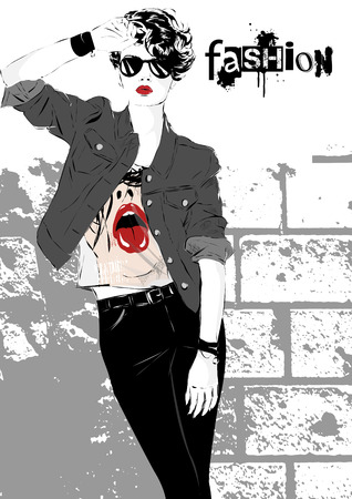 Fashion girl in sketch-style. Vector illustration.のイラスト素材