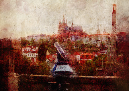 Vintage retro effect textured panoramic image of Prague. Grunge illustrationの写真素材