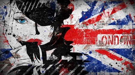 Modern teenage girl on grunge background. Grunge flag of United kingdom on the wallの写真素材