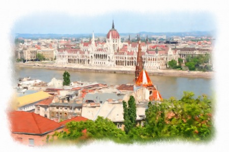 watercolor illustration budapest view. Streets of Budapestの写真素材