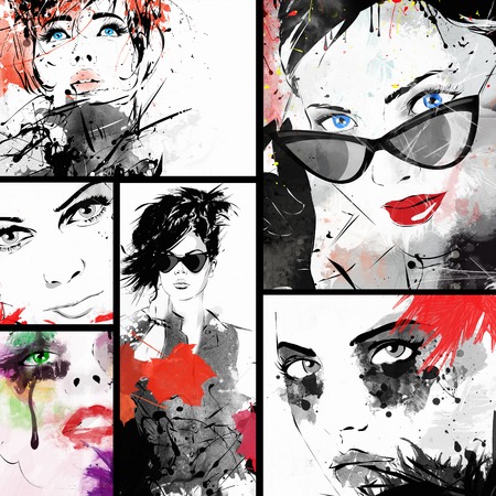 Beautiful collage , faces of women . Hand painted fashion illustrationの写真素材