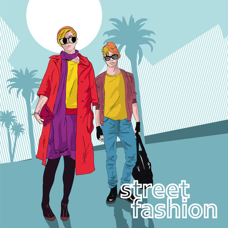 Fashion girl and boy in sketch-style. Vector illustration.のイラスト素材