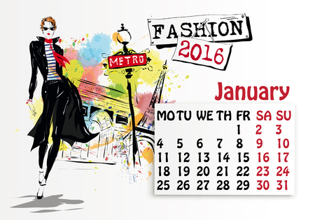 Calendar with fashion girl. Vector illustrationのイラスト素材