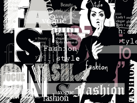 Vintage fashion background. Letters, words and stylish girlのイラスト素材