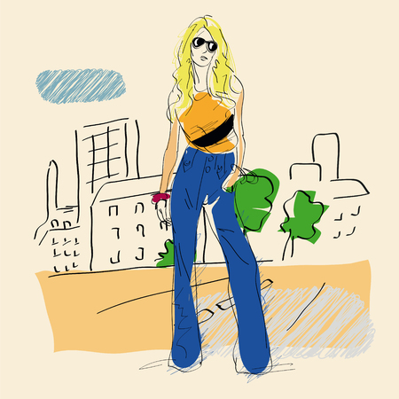 Fashion girl in sketch-style.  illustration.のイラスト素材